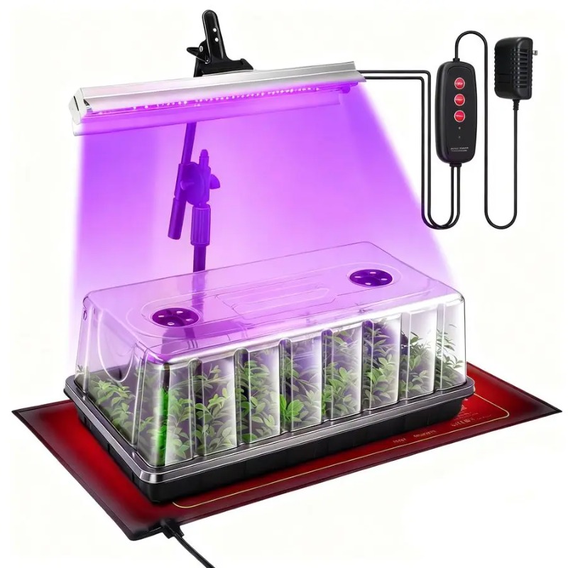 Humidity Dome Kit - ถาดเพาะเมล็ด, ชุดเริ่มต้นเพาะเมล็ดพร้อมไฟปลูกและแผ่นให้ความร้อน, ชุดถาดเพาะต้นกล้าในร่ม, โดมควบคุมความชื้นสูงขนาด 5.9 นิ้ว,