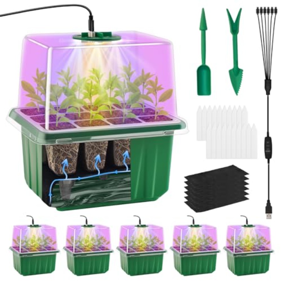 Humidity Dome Kit - ถาดเพาะเมล็ดพร้อมไฟ 6 แพ็ค ชุดเริ่มต้นปลูกต้นกล้าพร้อมโดมควบคุมความชื้น ฐานรองในร่ม โรงเรือนขนาดเล็ก