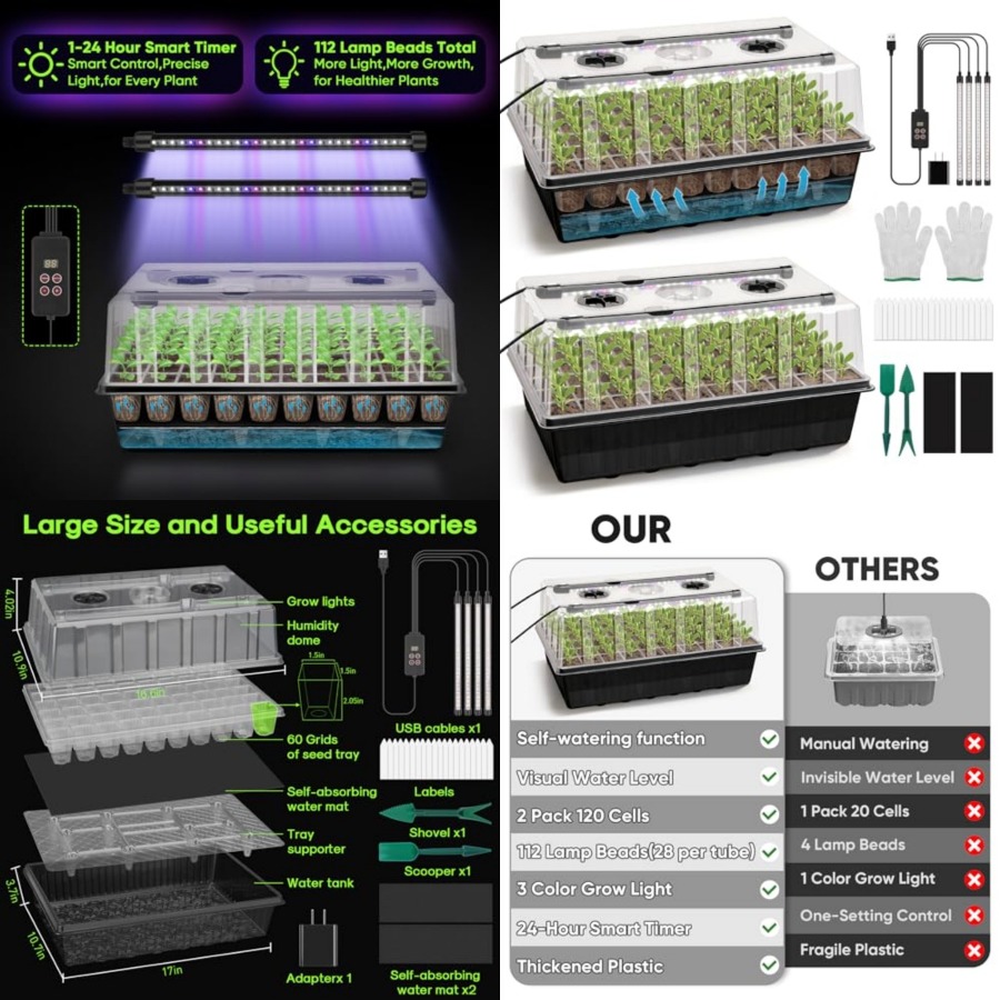 Humidity Dome Kit - ถาดเพาะเมล็ดแบบรดน้ำเองได้ 120 ช่อง พร้อมไฟปลูกพืช ตัวตั้งเวลา 1-24