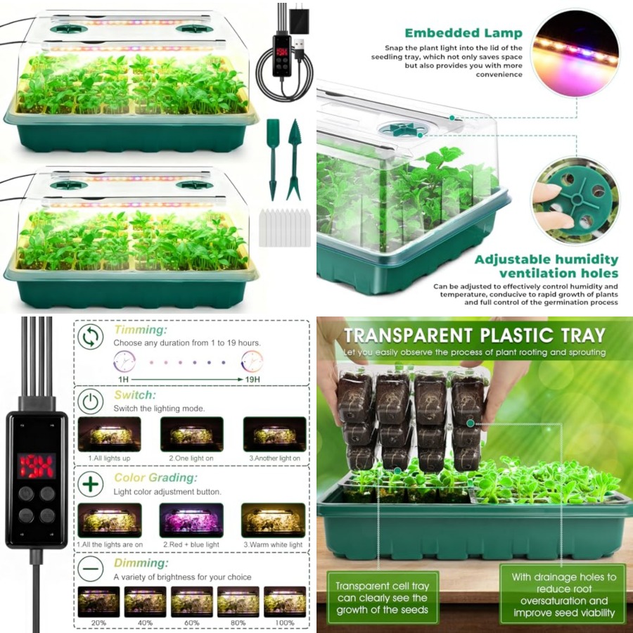 Humidity Dome Kit - ถาดเพาะเมล็ดพร้อมไฟปลูกพืช, ชุดเพาะเมล็ด 96 ช่อง, ถาดเพาะต้นกล้าพร้อมโดมควบคุมความชื้น, ตัวตั้งเวลาอัตโนมัติ,