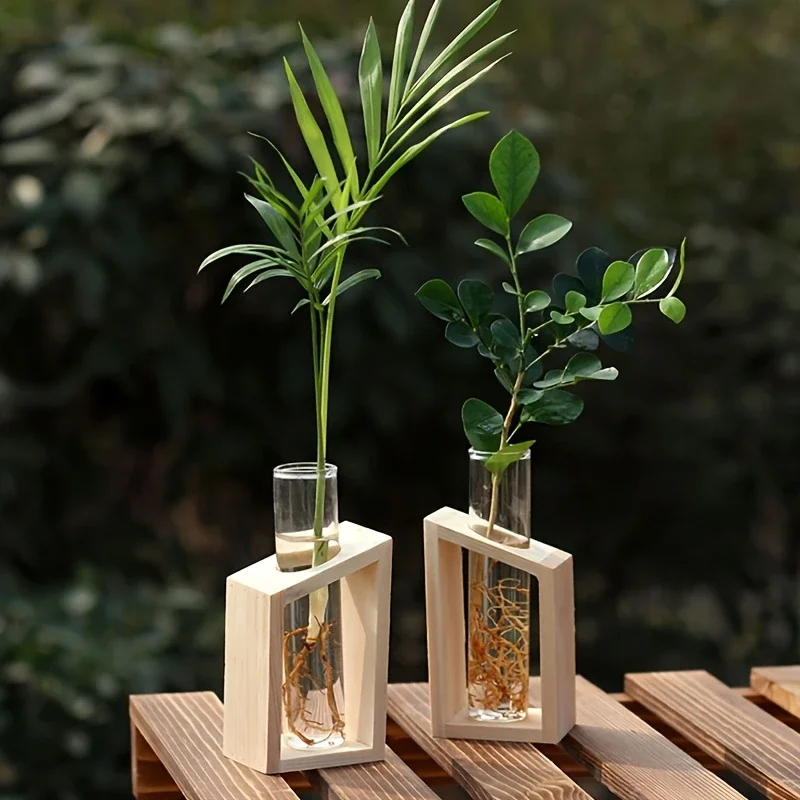 Propagation Station Vase - แจกันแก้วทรงหลอดทดลองสำหรับเพาะพันธุ์พืชแบบไฮโดรโปนิกส์ พร้อมฐานไม้ ตกแต่งโต๊ะทำงาน สำนักงาน และบ้าน