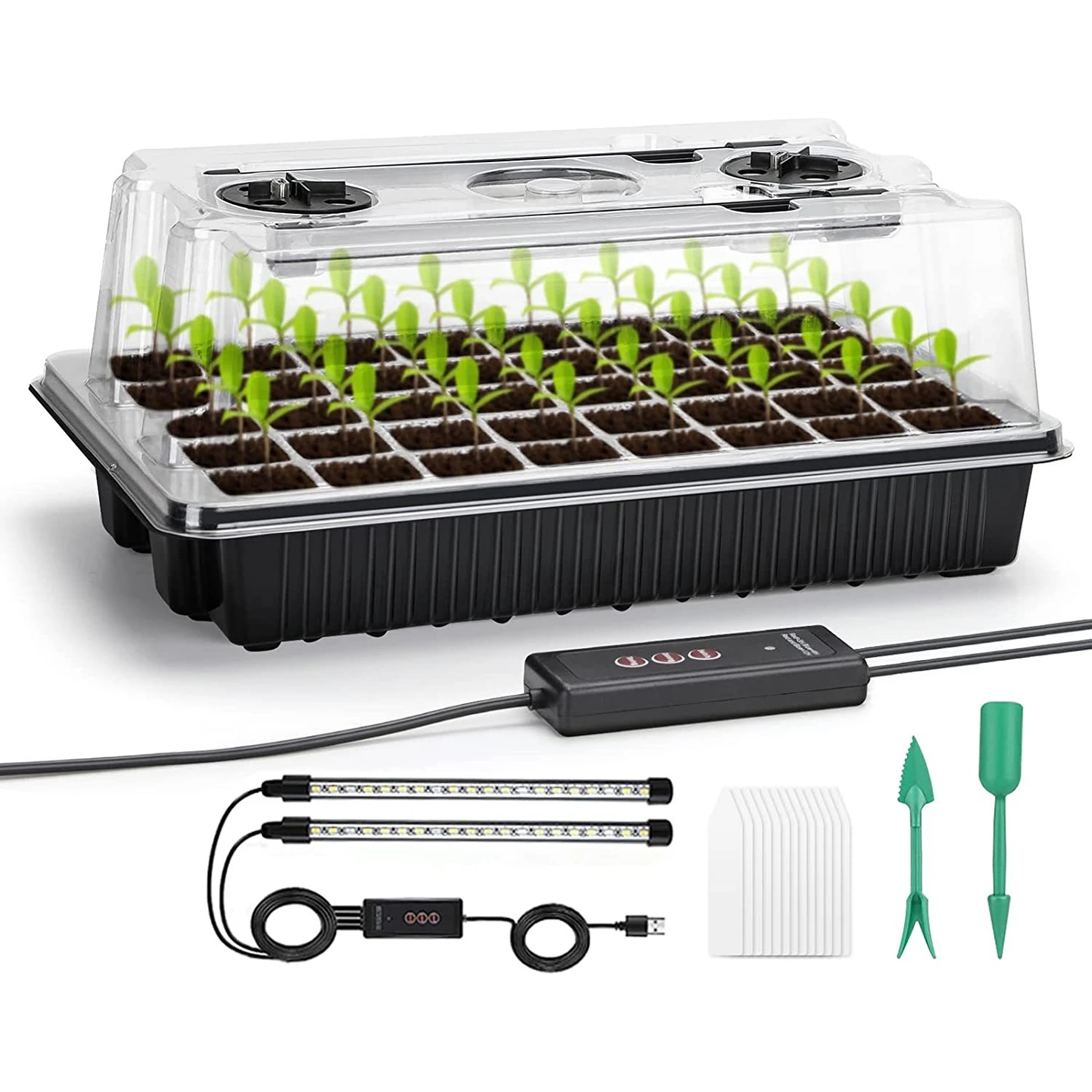 Humidity Dome Kit - 1 ชุด, ถาดเพาะเมล็ดพร้อมไฟปลูกแบบยาว 2 ดวง, ชุดเพาะเมล็ด
