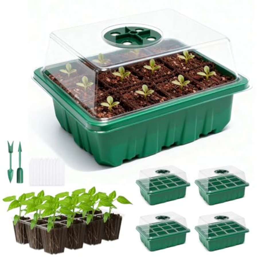 Humidity Dome Kit - ถาดเพาะเมล็ด 5 แพ็คพร้อมโดมควบคุมความชื้น, ชุดเริ่มต้นเพาะเมล็ดพร้อมฐานรูระบายน้ำแบบโปร่งใส โรงเรือนขนาดเล็กในร่มสำหรับเพาะพันธุ์