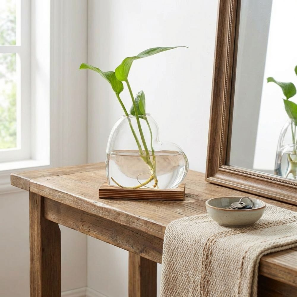 Propagation Station Vase - แจกันแก้วไฮโดรโปนิกส์ใส พร้อมฐานไม้ตกแต่ง แจกันรูปหัวใจ สไตล์มินิมอล สถานีเพาะพันธุ์ต้นไม้ สำหรับห้องนั่งเล่น