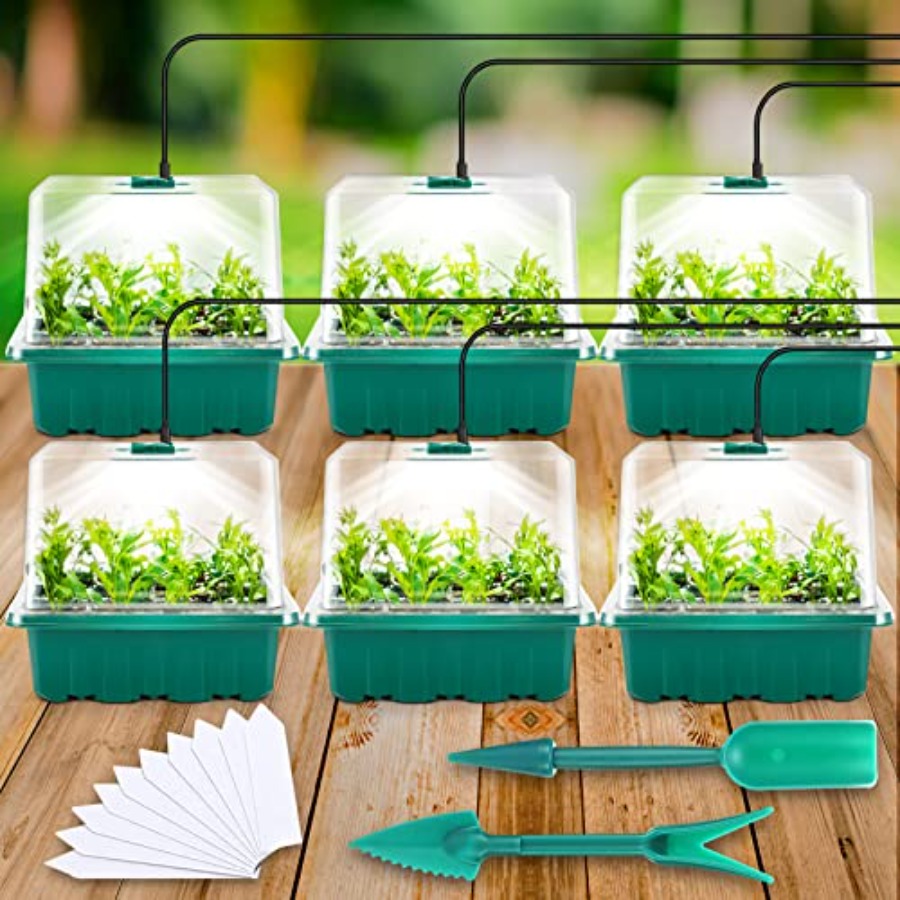 Humidity Dome Kit - ถาดเพาะเมล็ดพร้อมไฟ, ชุดอุปกรณ์เพาะเมล็ด 6 ชิ้นพร้อมไฟปลูก, ถาดเพาะต้นกล้าพร้อมโดมควบคุมความชื้น, ฝาครอบปรับระดับความสูงได้